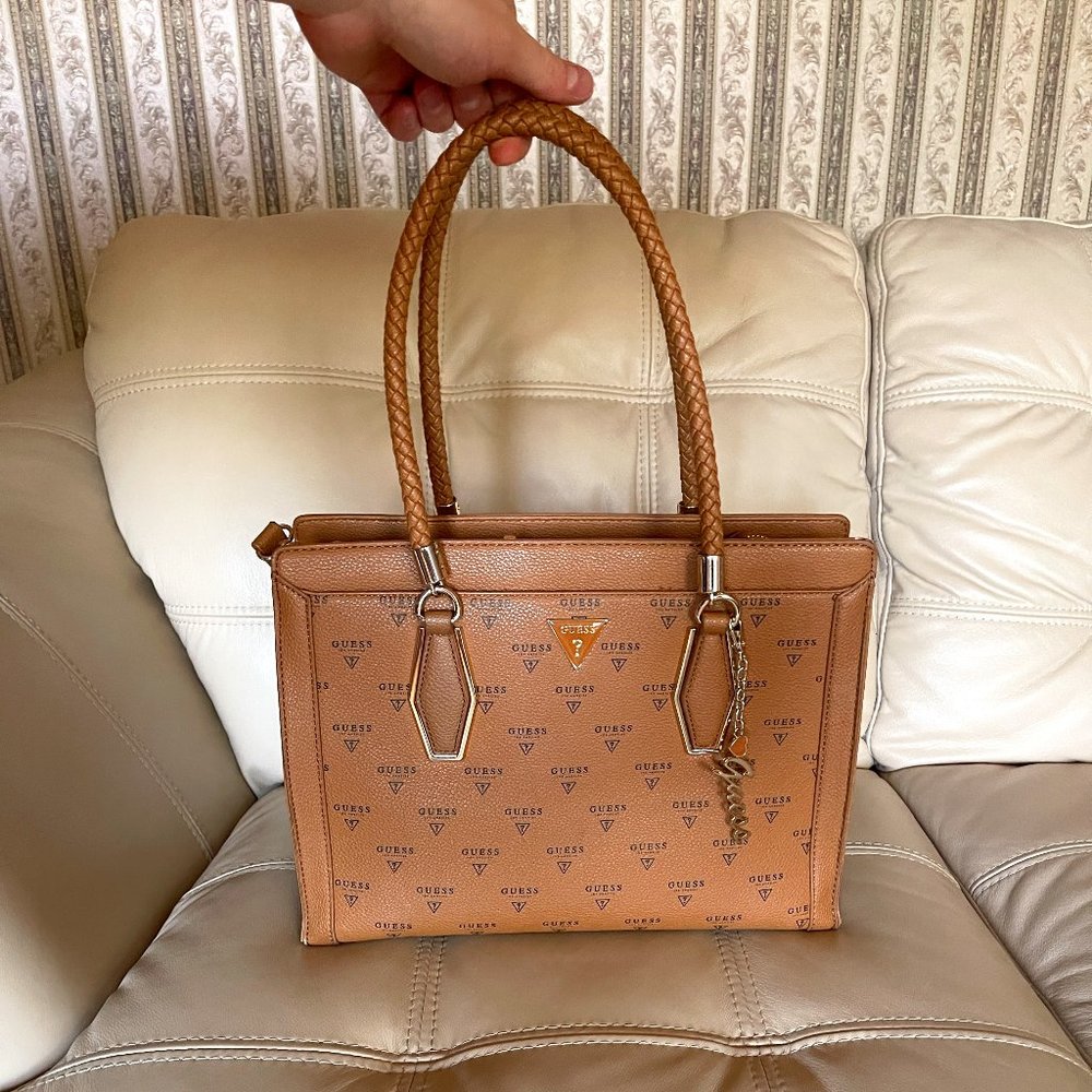 GUESS Monogram Pattern Handbag in TAN - Crossbody Shoulder Strap Included